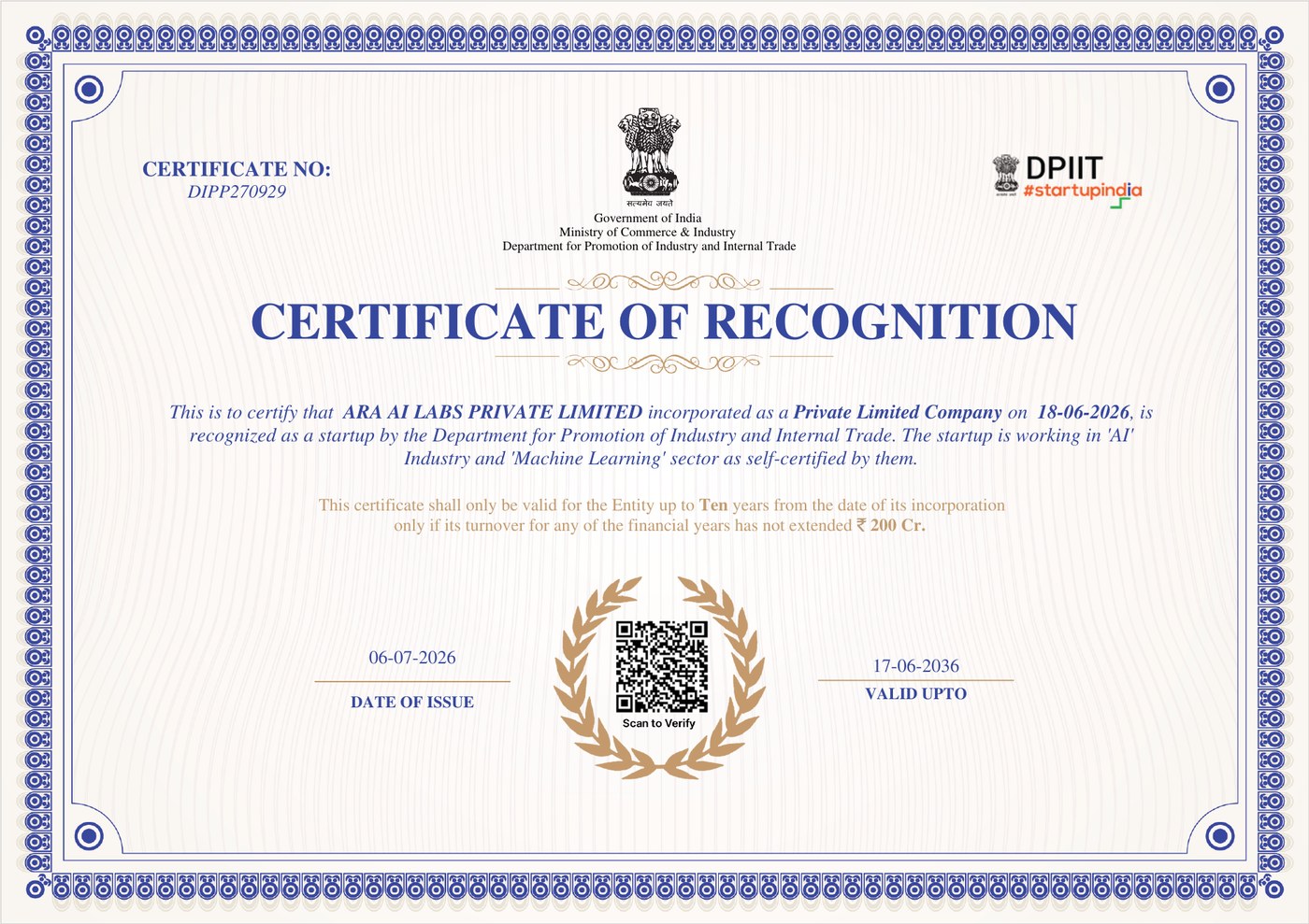 DPIIT Certificate of Recognition for ARA AI Labs Private Limited, No. DIPP270929